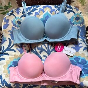Emily Johnson NWT Double Push up Size 36 C Blue and Pink Bra Duo; Perfect & NEW